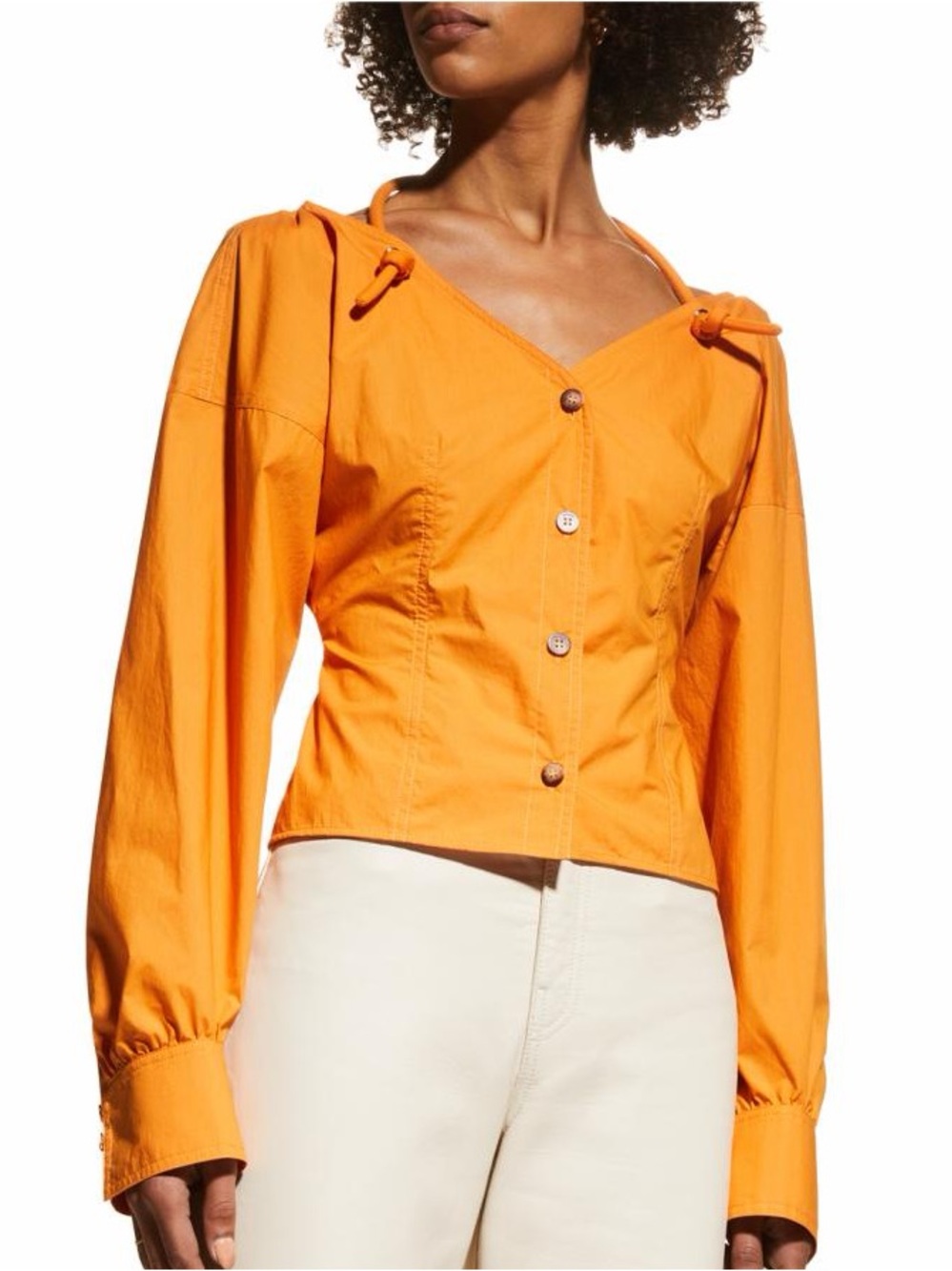 Nanushka Tami Fitted Shirt with Tubular tie details, Long-Sleeve Halter Neck Top